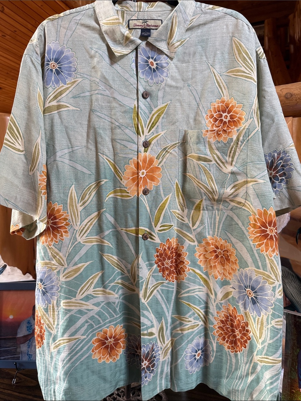 Tommy Bahama Light Blue Floral 100% SILK Camp Shirt with Orange & Lavender Bloom